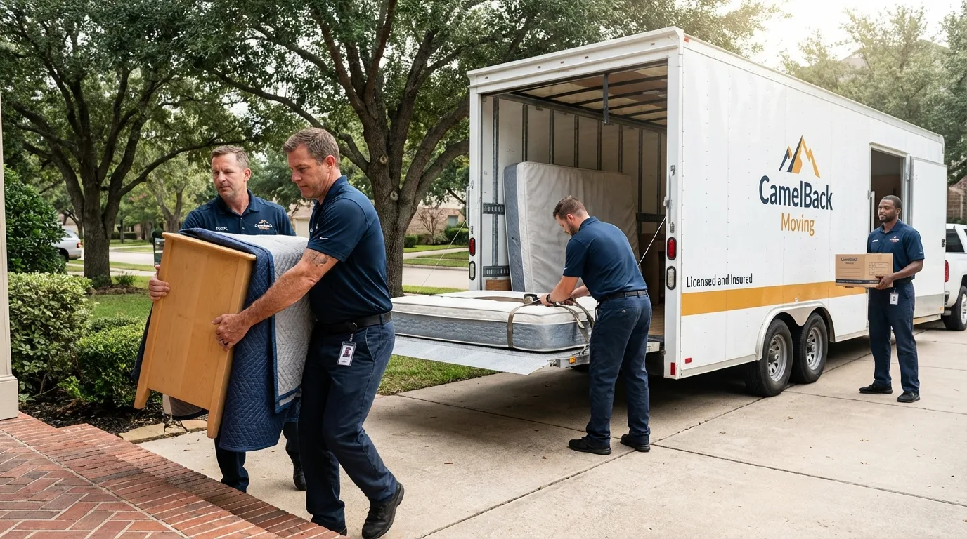 Crew loading residential truck for cross-state move from Lawtell, LA