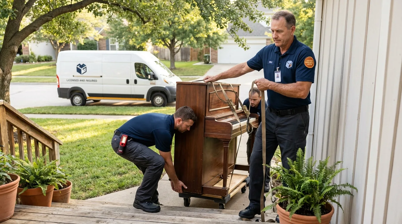 Licensed piano movers securing grand piano in Lawtell, LA