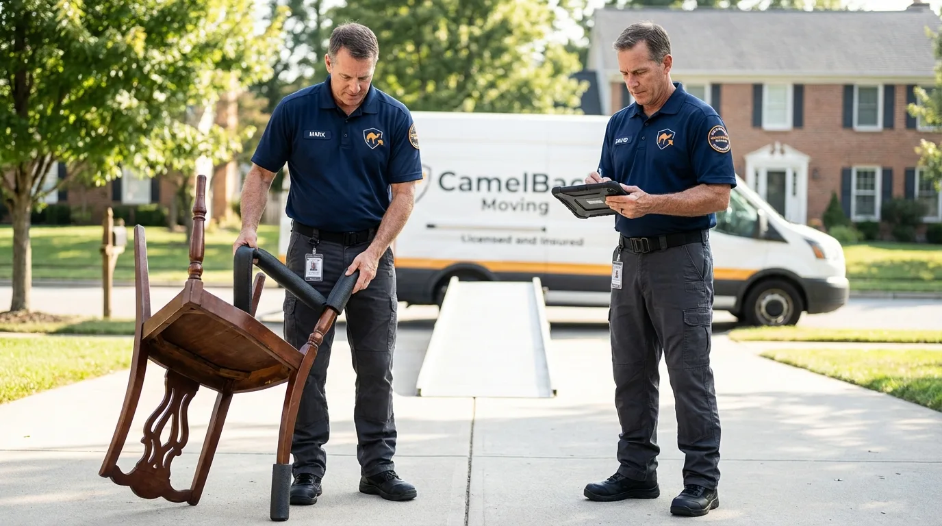 Movers inspecting furniture for damage prevention before loading in Lawtell, LA