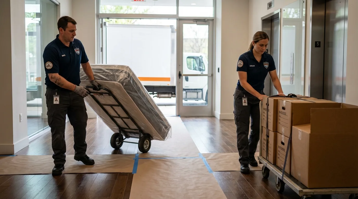 Professional apartment movers loading elevator in Lawtell, LA