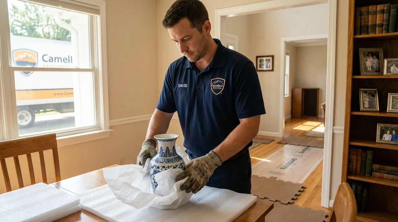 Professional crew carefully wrapping antique vase for senior downsizing move in Lawtell, LA